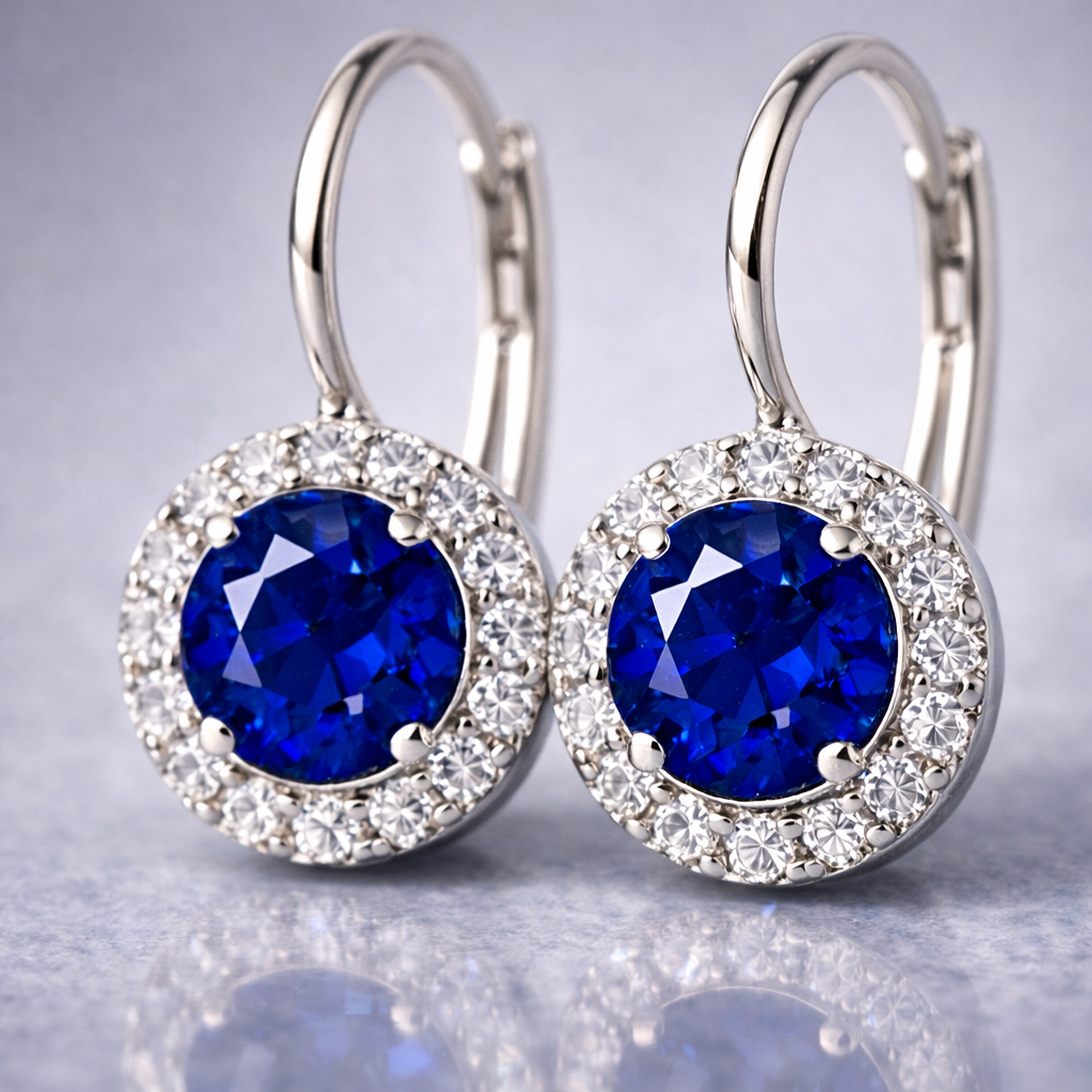 blue sapphire diamond platinum earrings macro