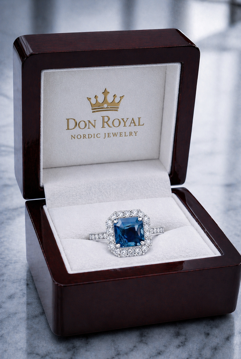 blue sapphire diamond halo platinum ring