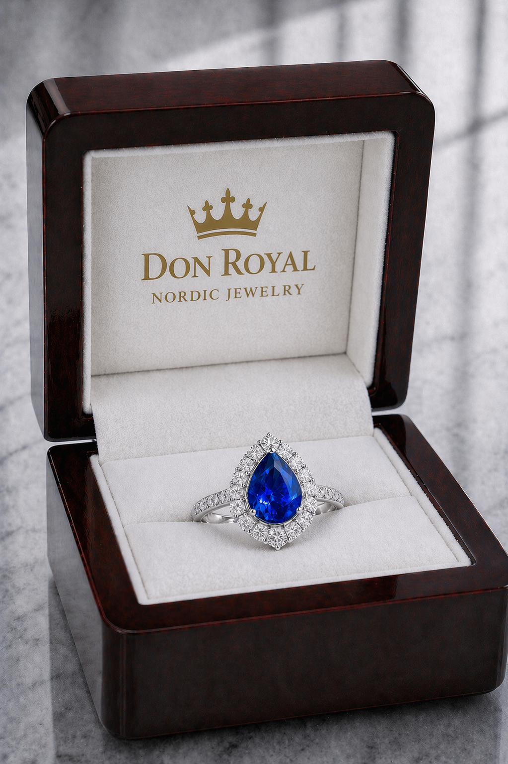 blue sapphire diamond halo gold ring