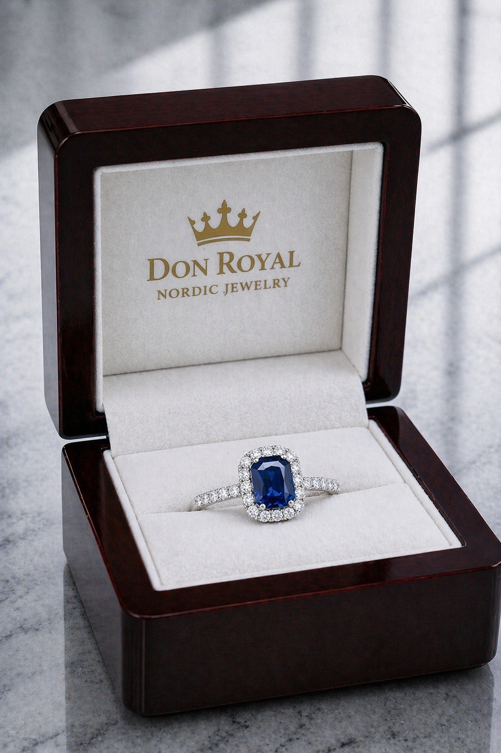 blue sapphire diamond halo gold ring