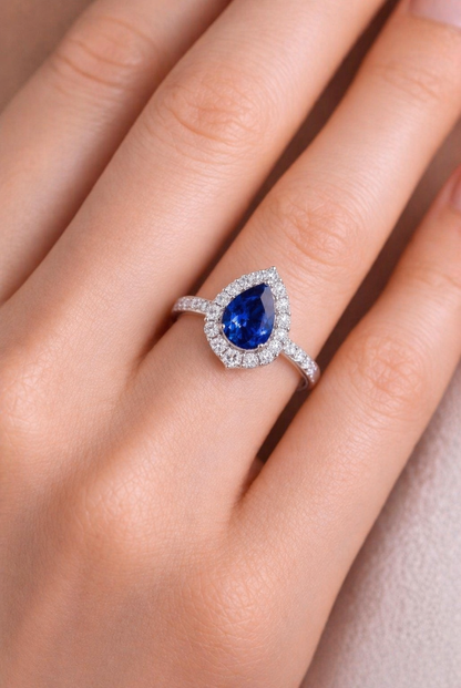 Natural Blue Sapphire Diamond Handcrafted Halo Gold Ring Model