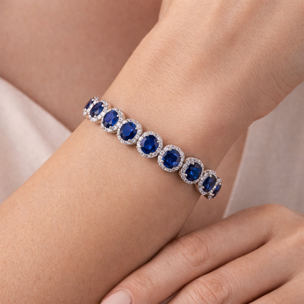 blue sapphire halo diamond white gold tennis bracelet model