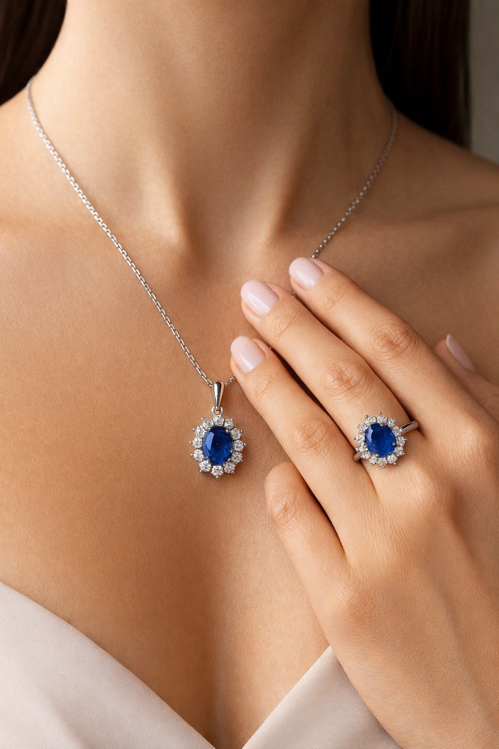 vivid blue sapphire halo diamond white gold pendant for necklace