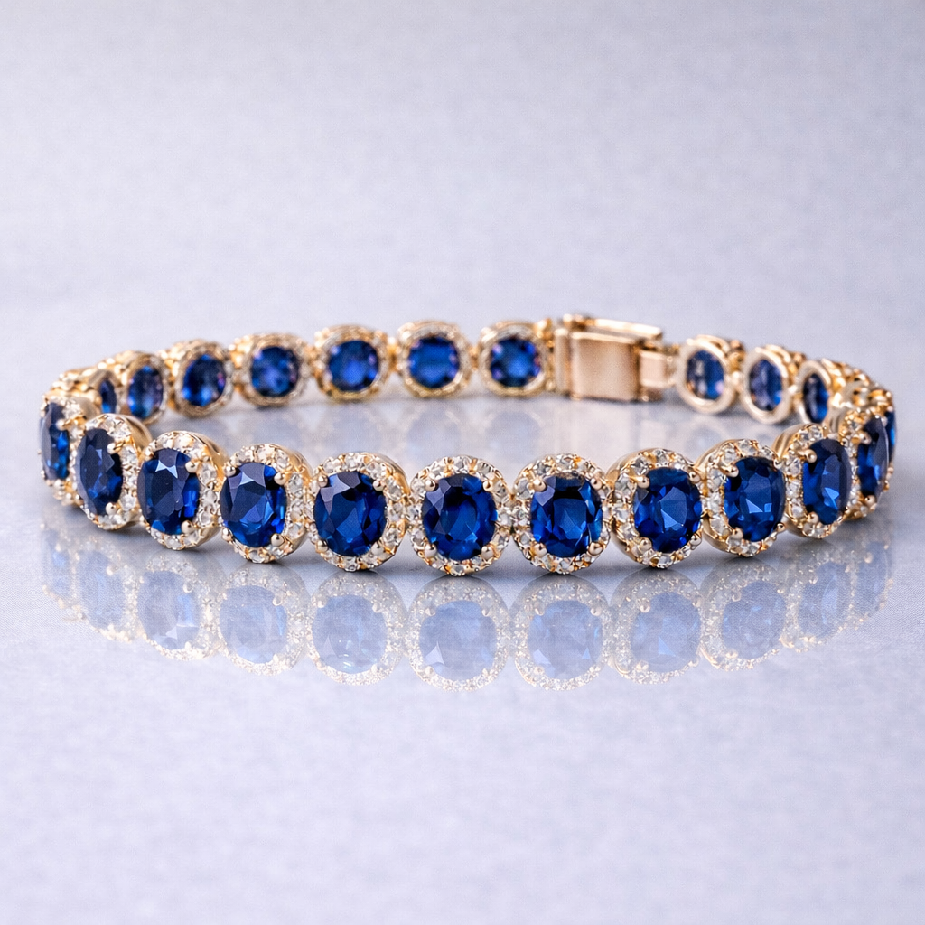 blue sapphire halo diamond rose gold tennis bracelet