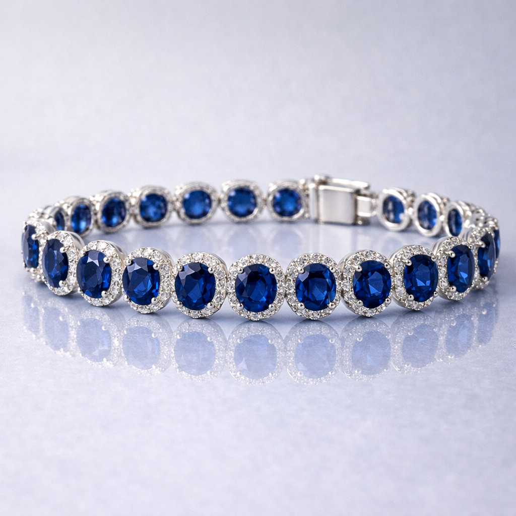 blue sapphire halo diamond white gold tennis bracelet