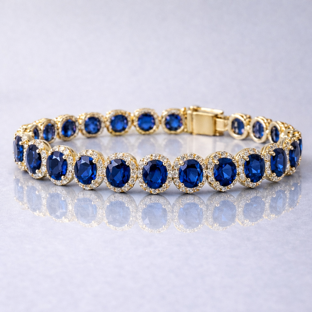 blue sapphire halo diamond yellow gold tennis bracelet