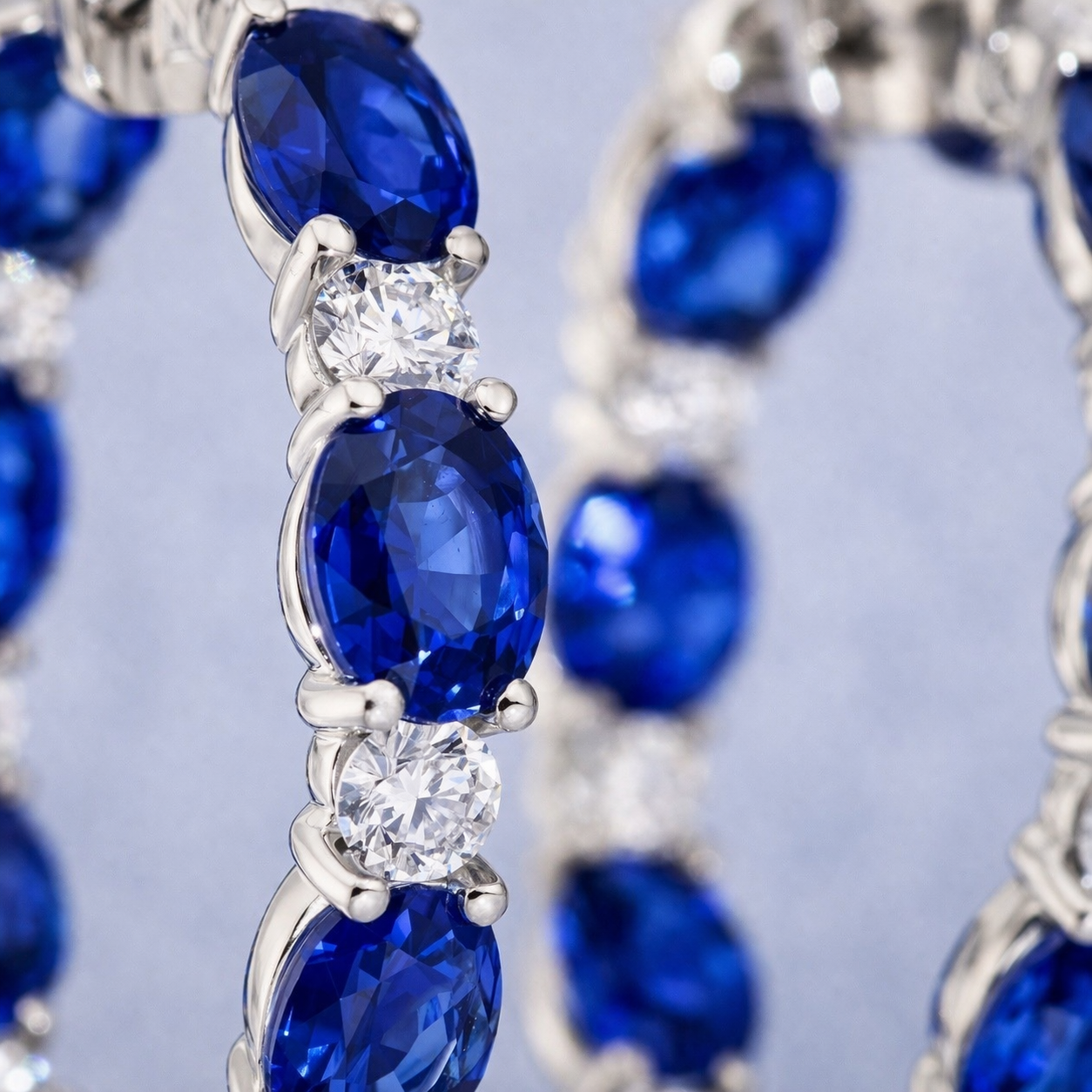 blue sapphire diamonf platinum hoop earrings macro