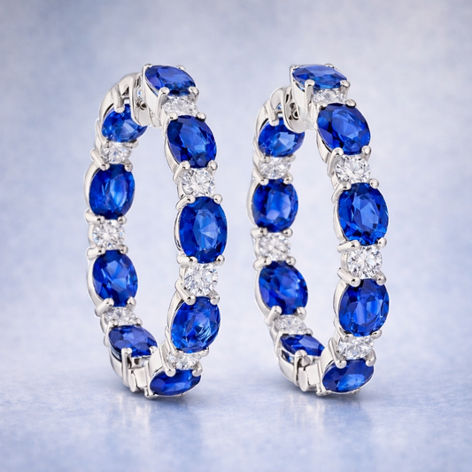 blue sapphire diamonf white gold hoop earrings