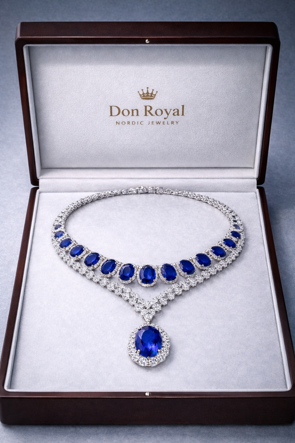 blue sapphire diamond white gold necklace in box