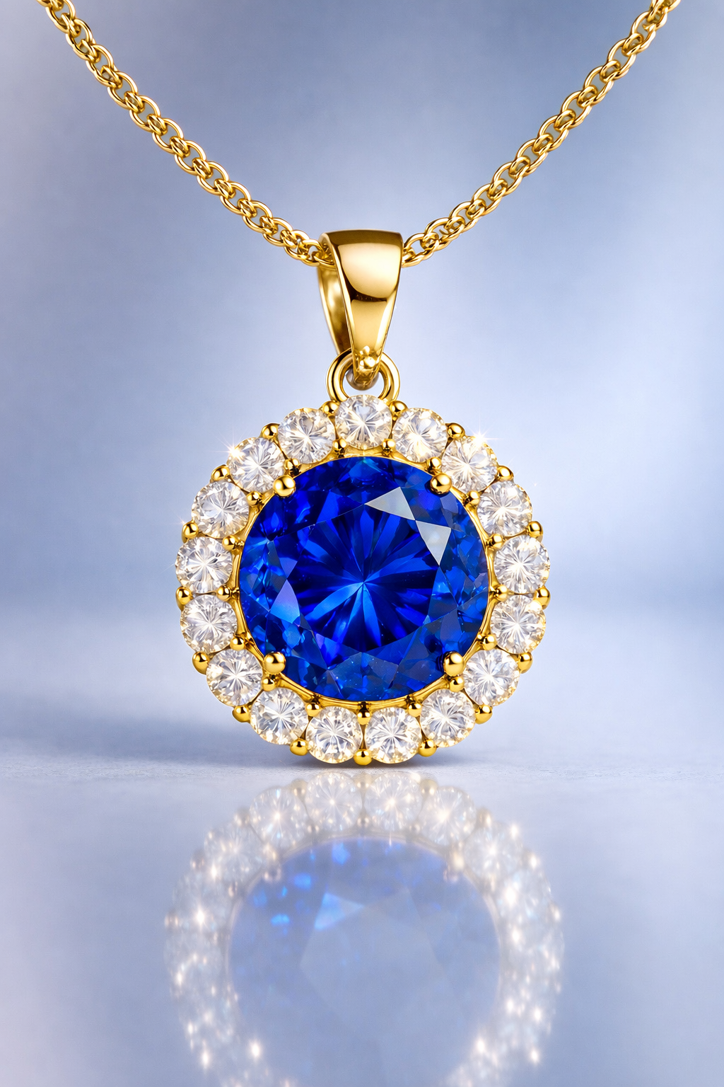 Blue sapphire diamond halo pendant featuring natural royal blue sapphire surrounded by brilliant diamonds set in yellow gold