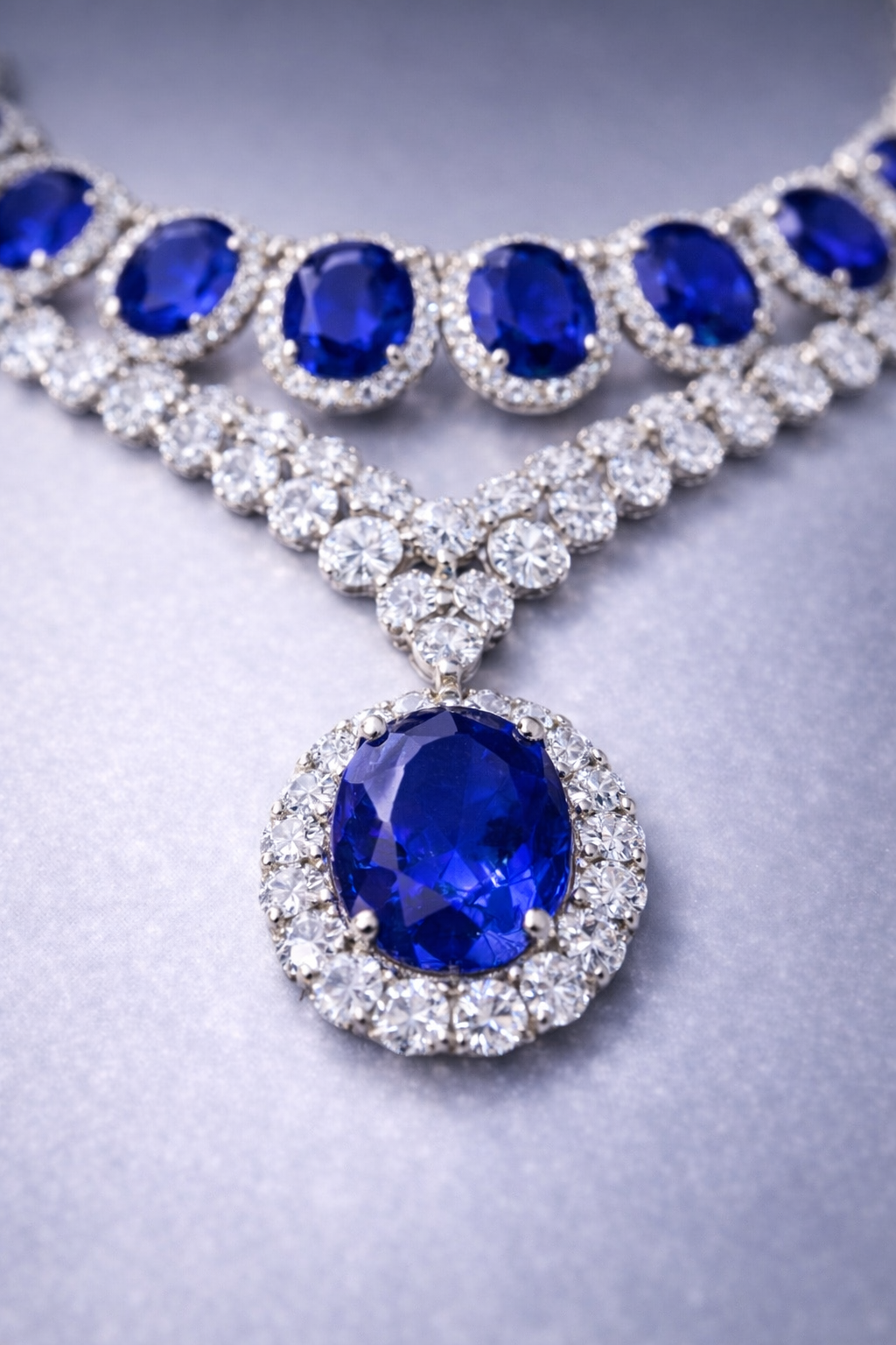 blue sapphire diamond white gold necklace macro