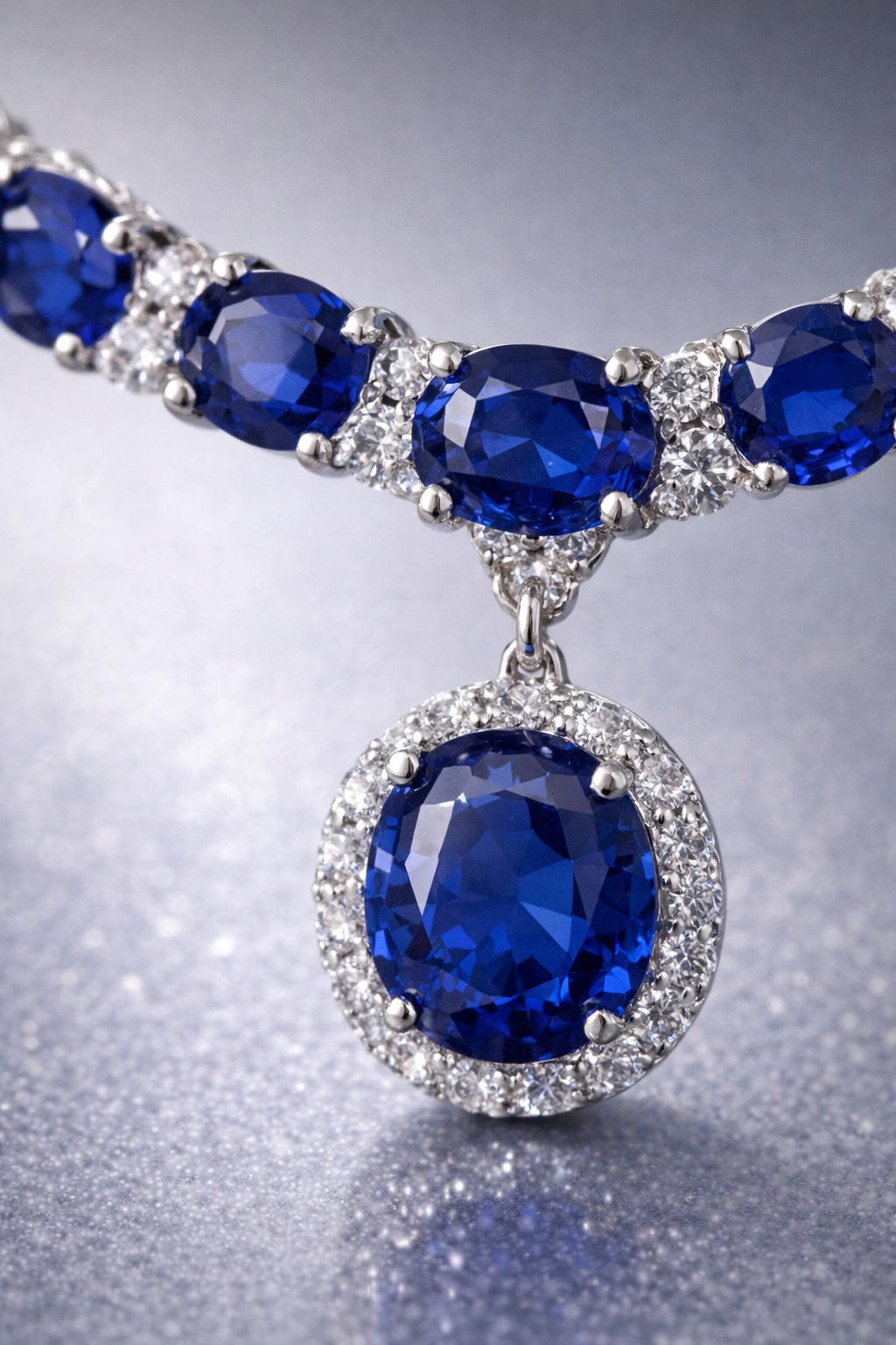 blue sapphire diamond white gold necklace macro