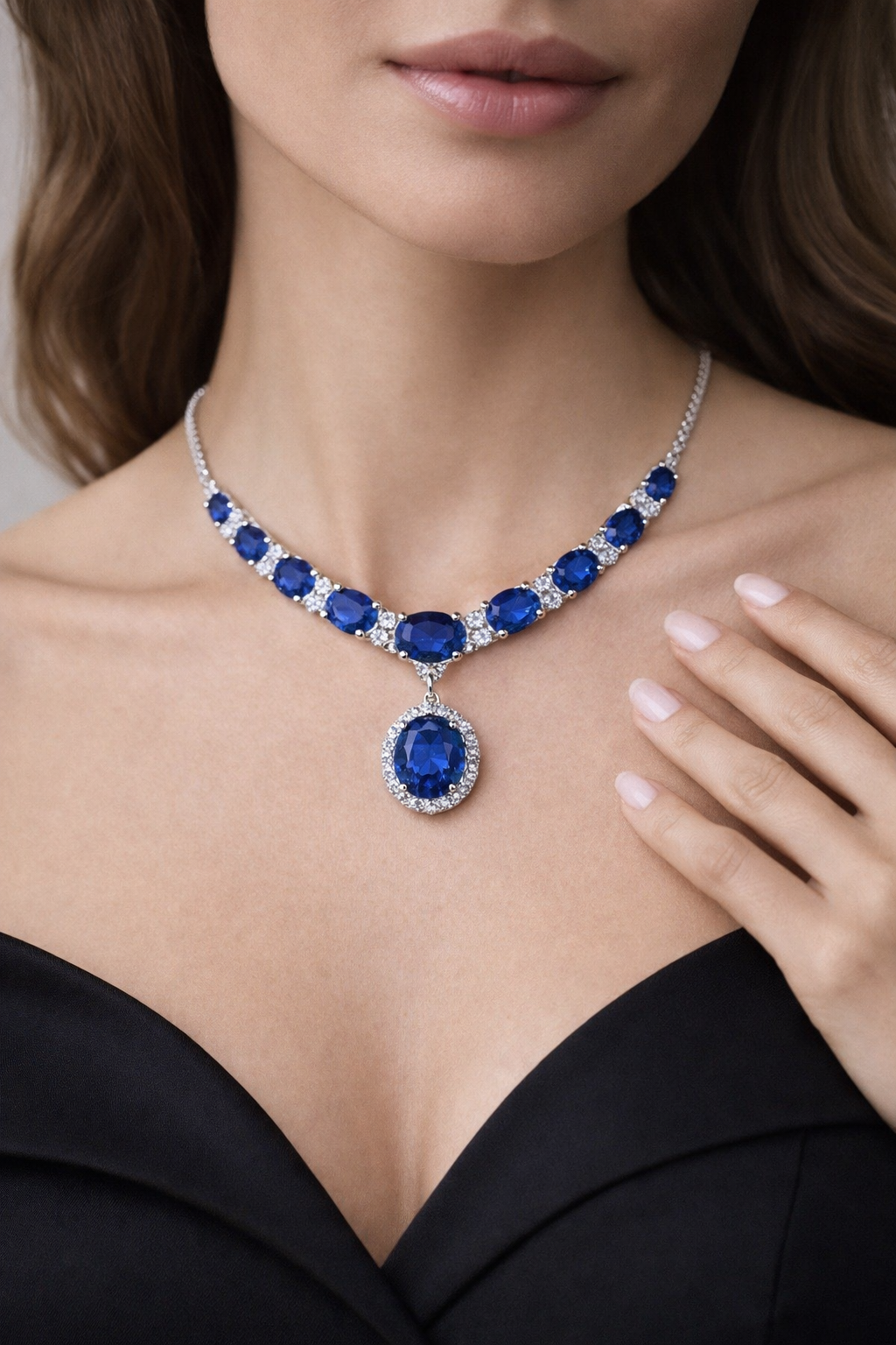 blue sapphire diamond white gold necklace model