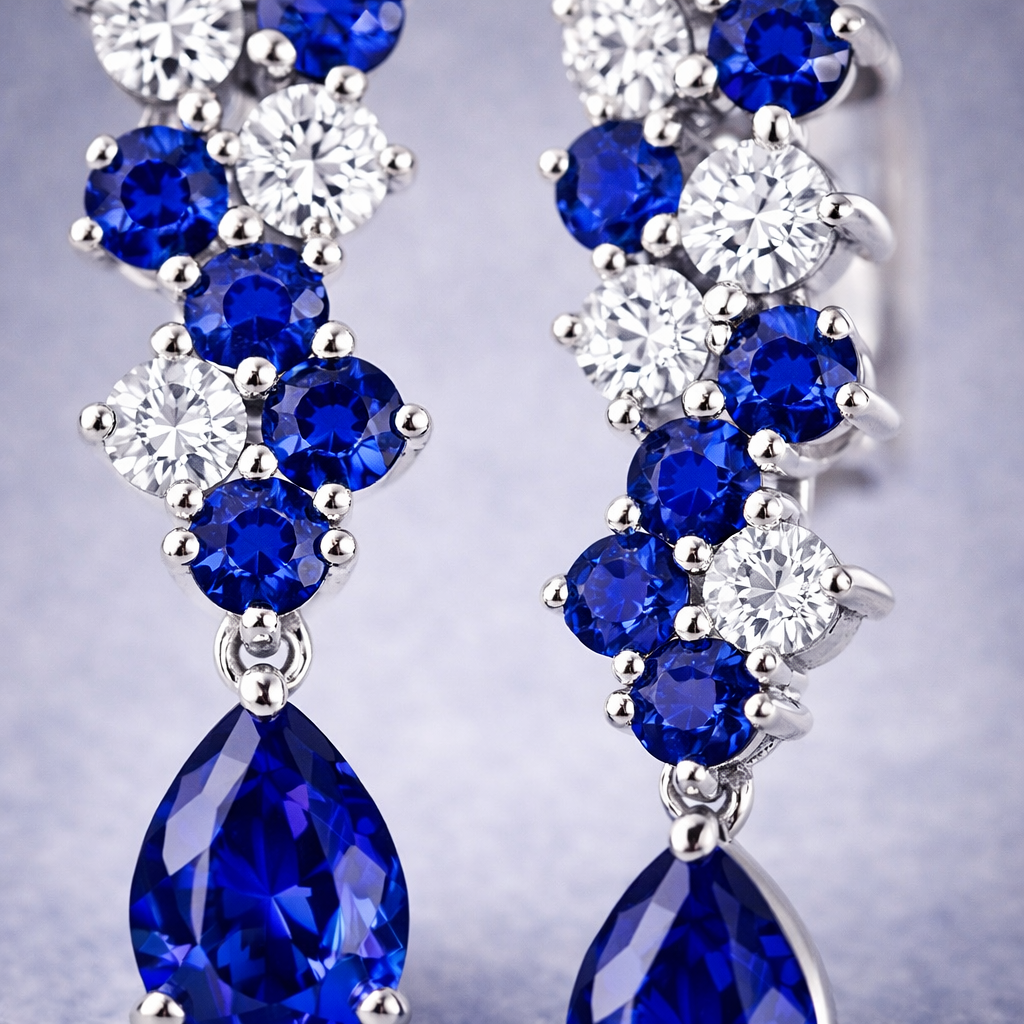 blue sapphire diamond platinum earrings macro