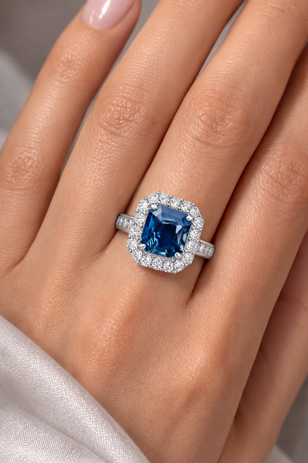 blue sapphire diamond halo gold ring model