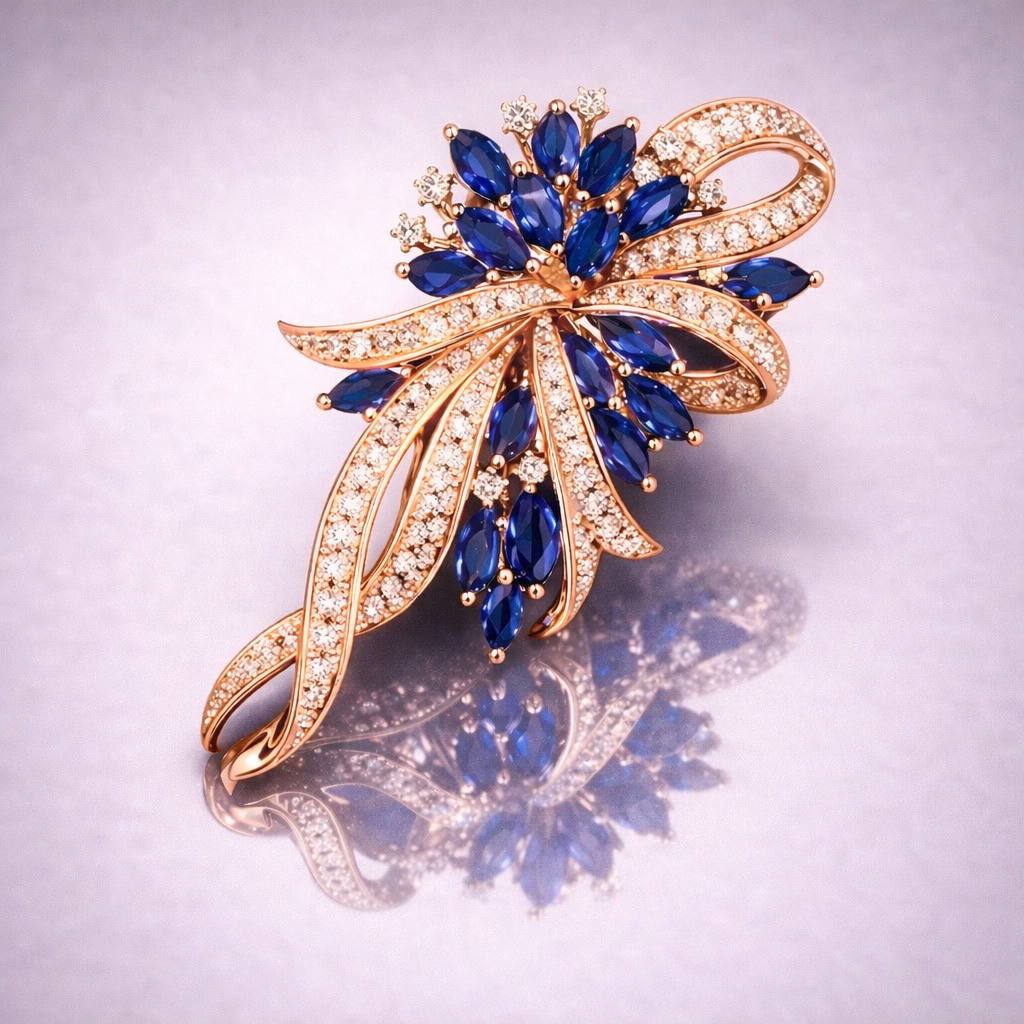 blue sapphire diamond rose gold brooch