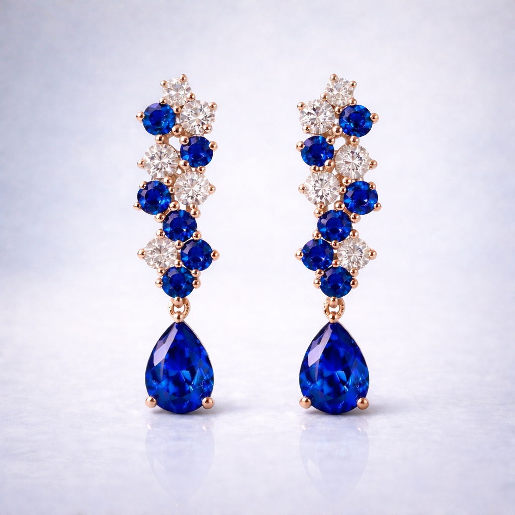 blue sapphire diamond rose gold earrings