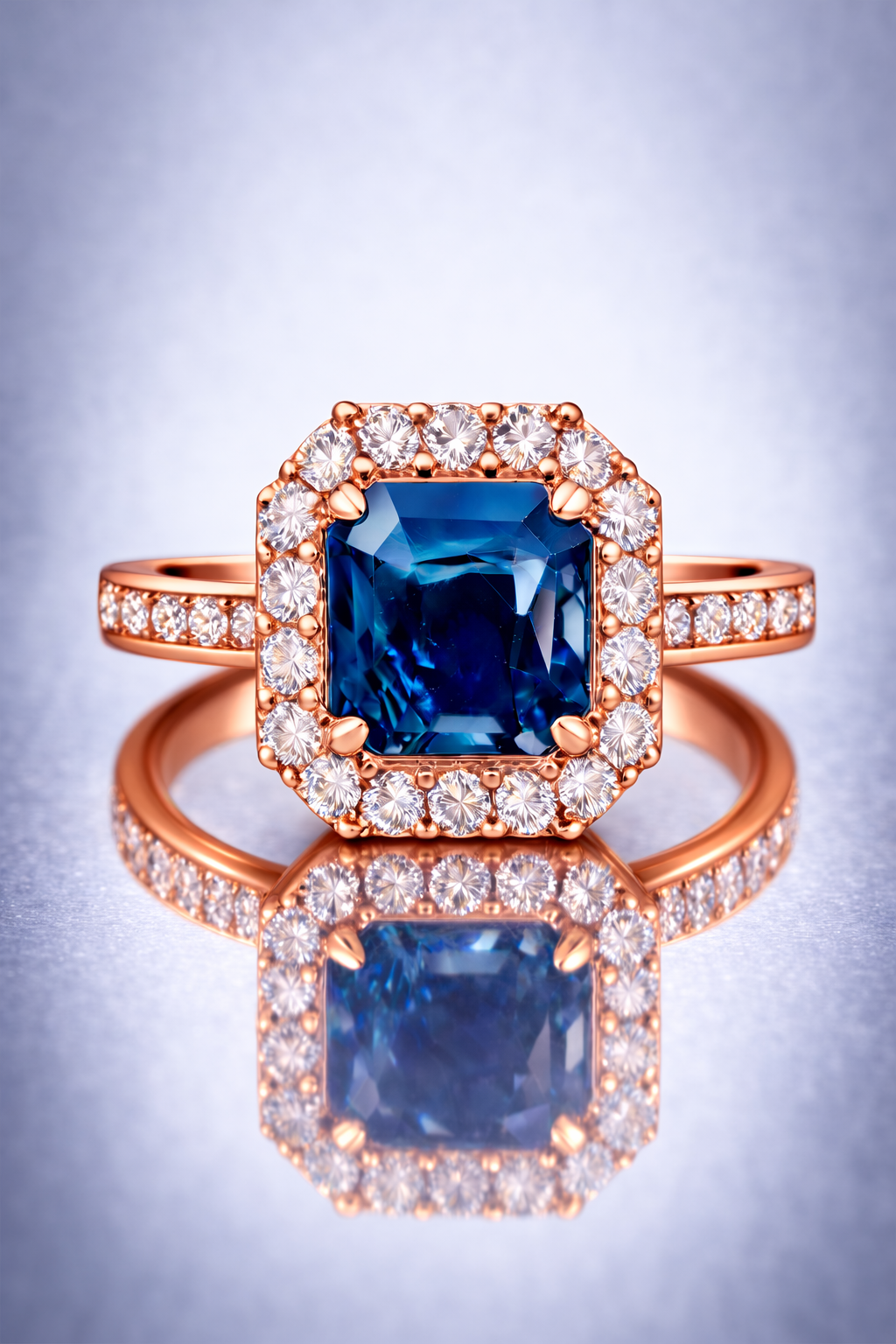 blue sapphire diamond halo rose gold ring