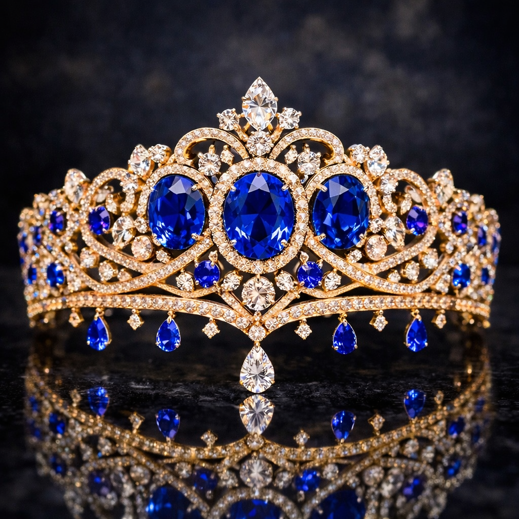 blue sapphire diamond rose gold tiara