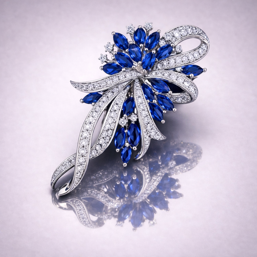 blue sapphire diamond white gold brooch