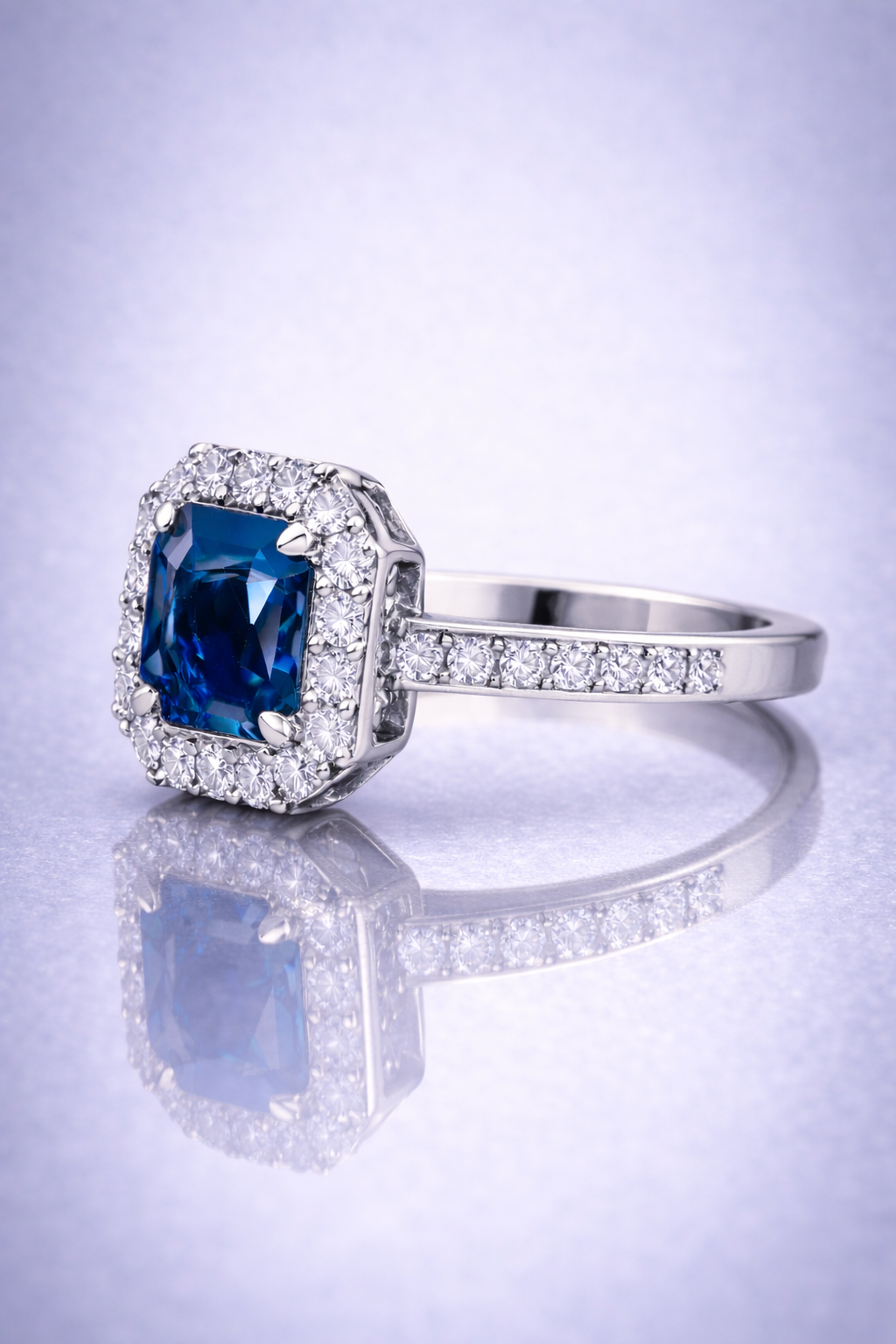 blue sapphire diamond halo platinum ring