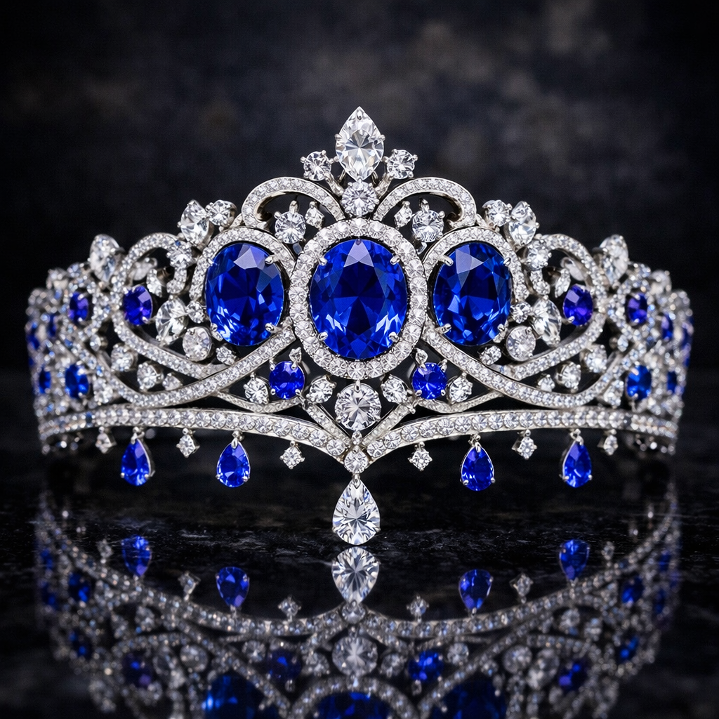 blue sapphire diamond white gold tiara