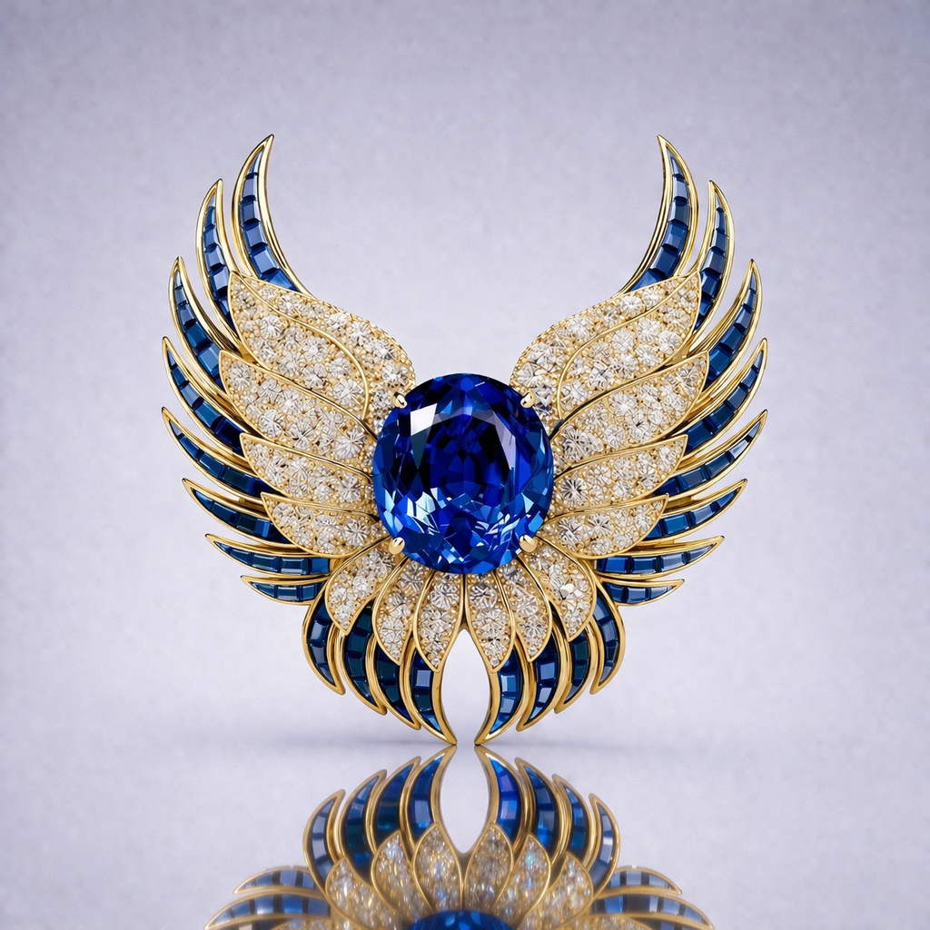 royal blue sapphire diamond yellow gold brooch