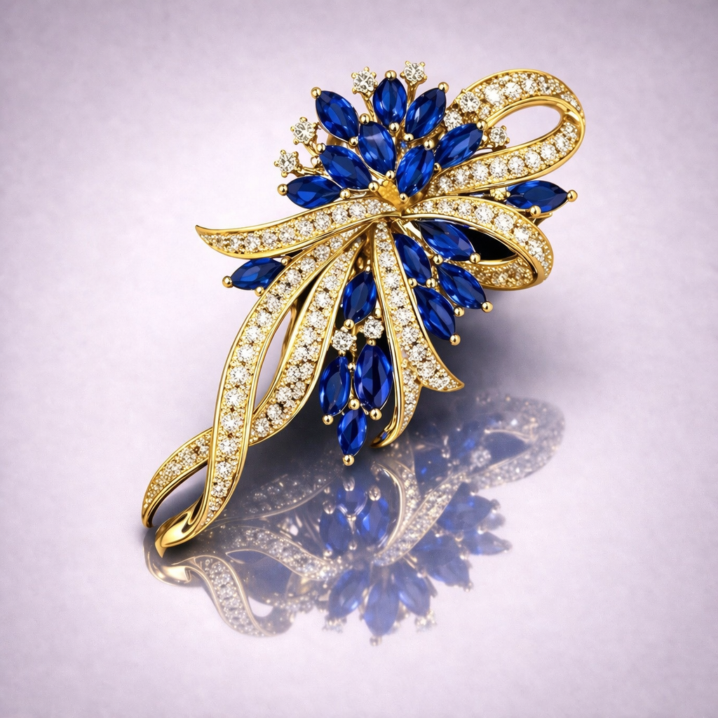 blue sapphire diamond yellow gold brooch