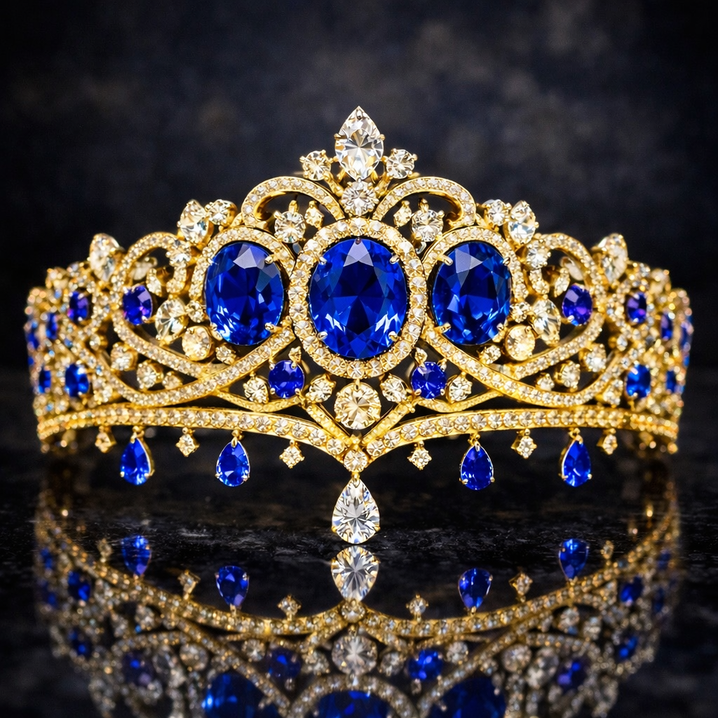 blue sapphire diamond yellow gold tiara