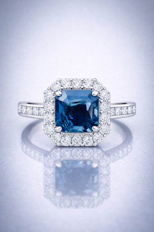 blue sapphire diamond halo white gold ring