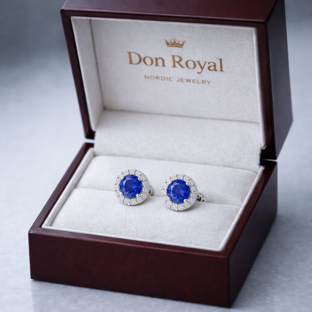blue sapphire halo diamond white gold earrings in box