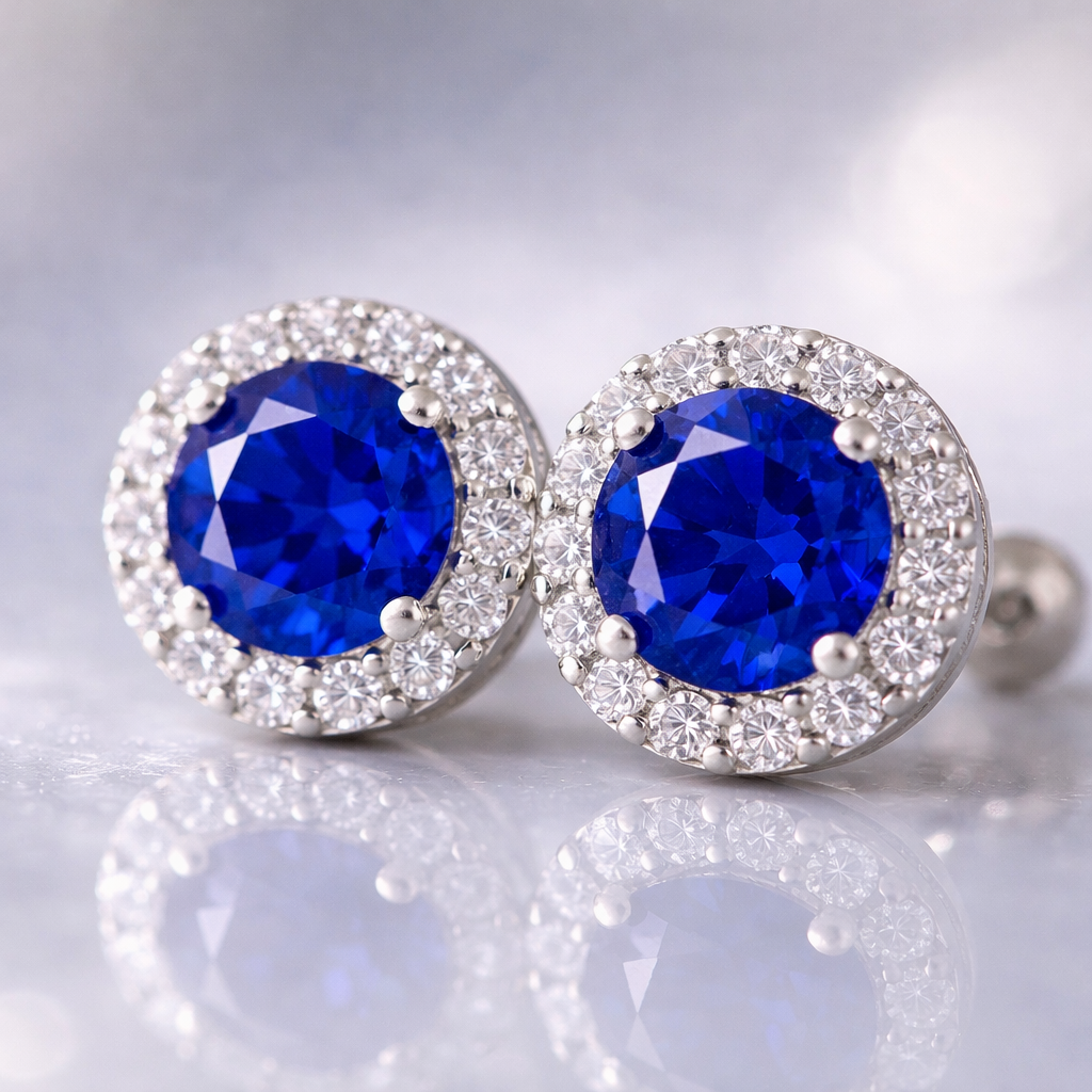 blue sapphire halo diamond white gold earrings macro