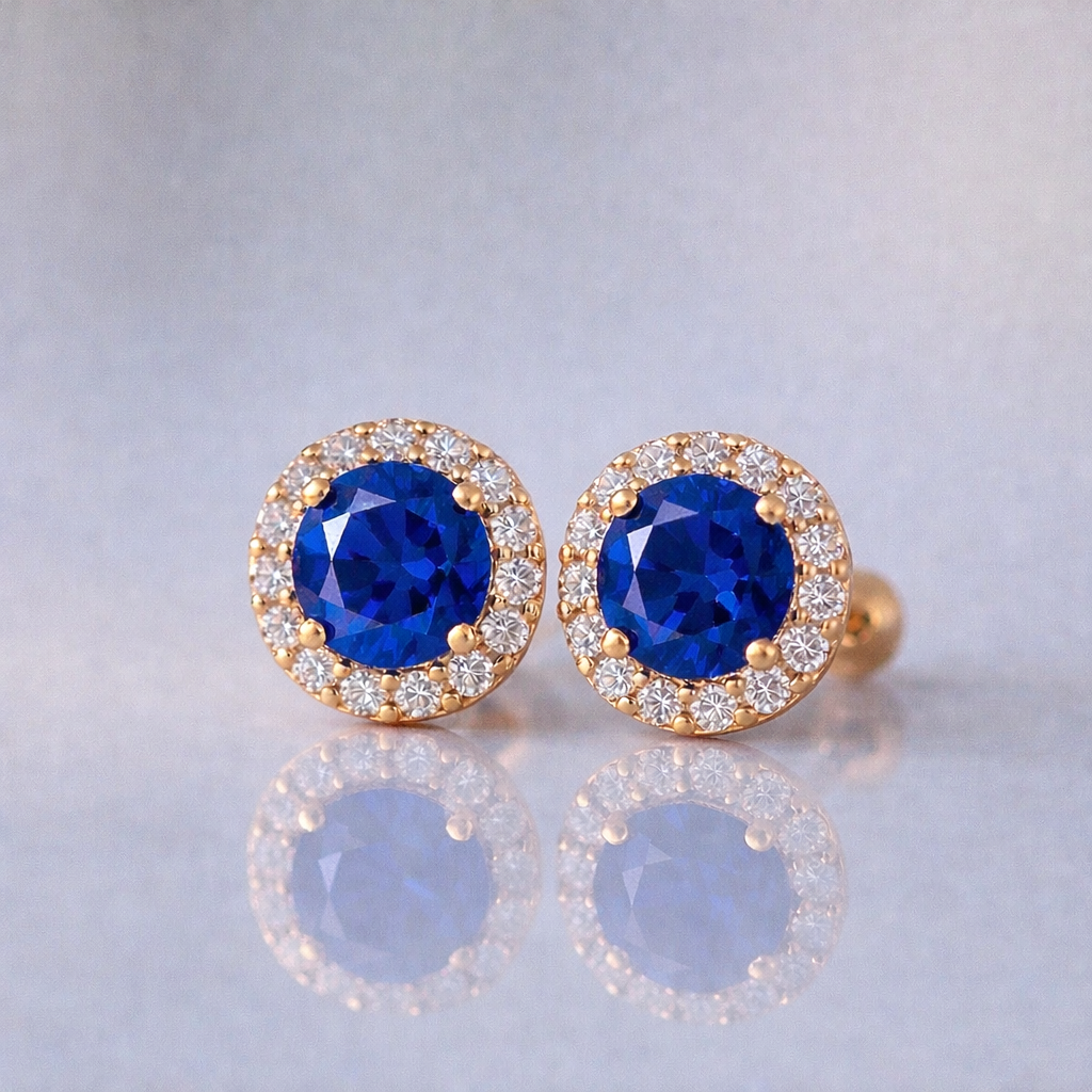 blue sapphire halo diamond rose gold earrings