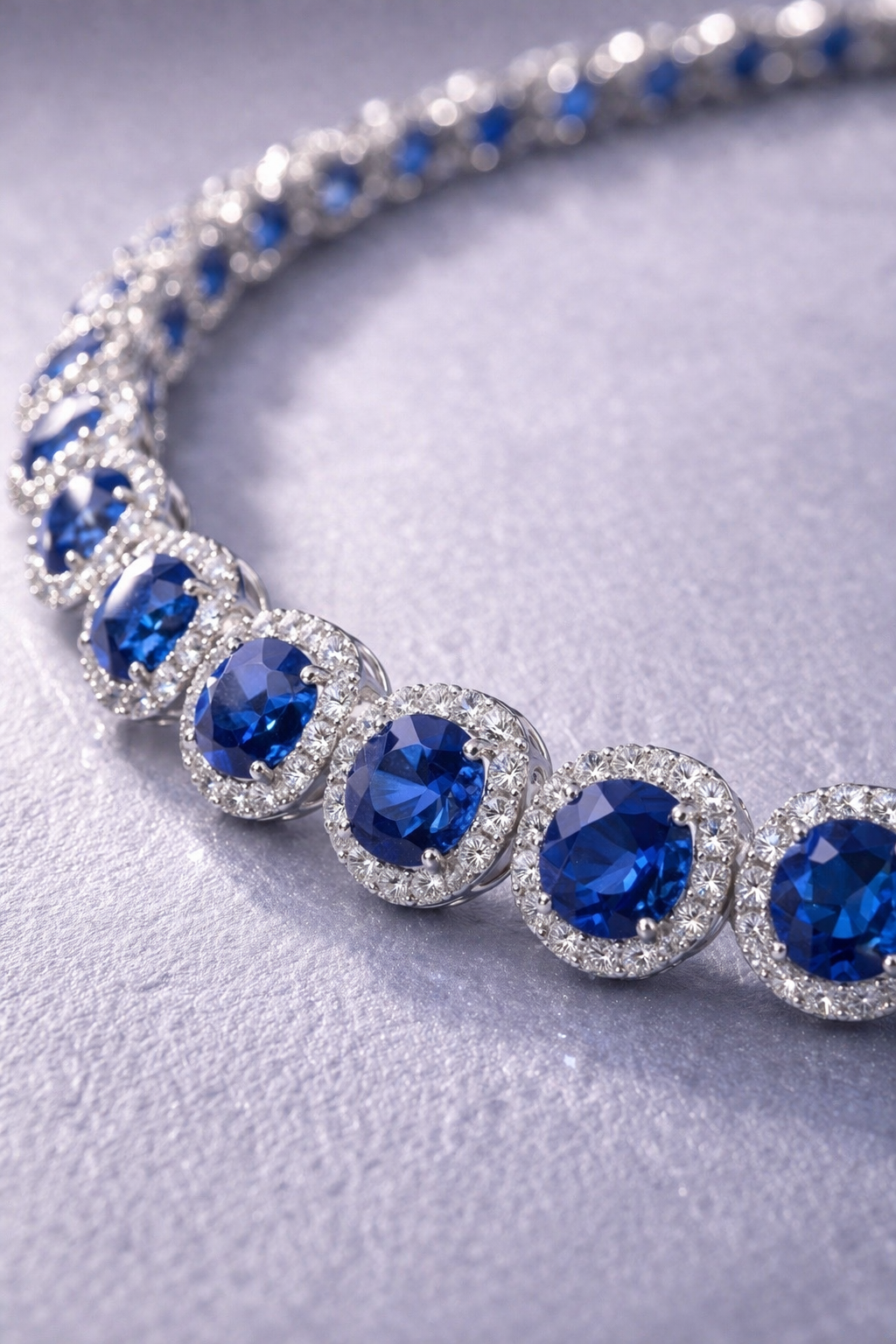 blue sapphire halo diamond white gold tennis necklace macro