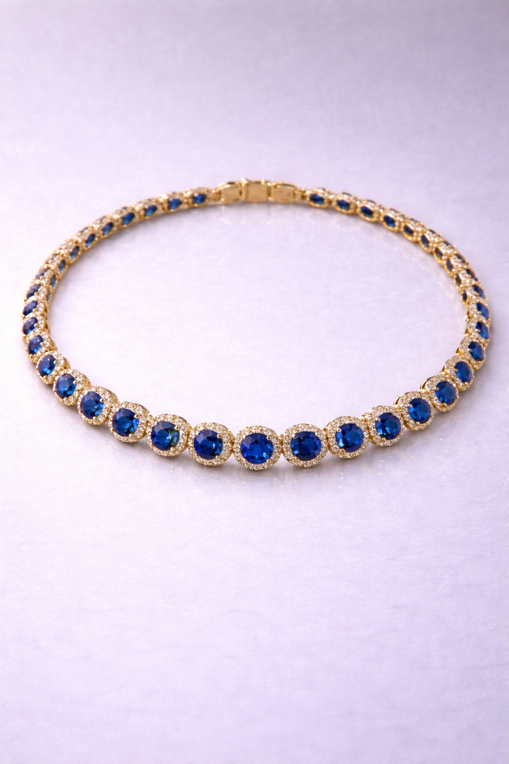 blue sapphire halo diamond yellow gold tennis necklace