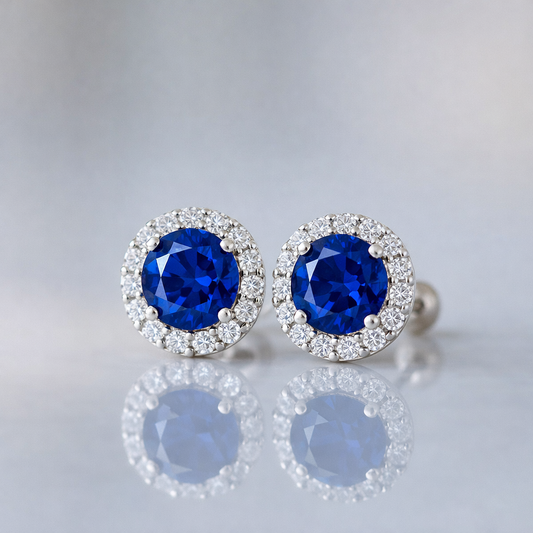 blue sapphire halo diamond white gold earrings