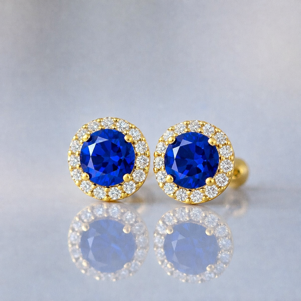 blue sapphire halo diamond yellow gold earrings
