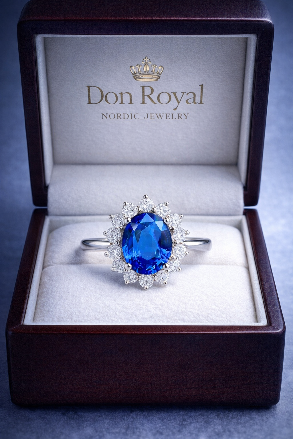 blue sapphire diamond halo gold ring in box