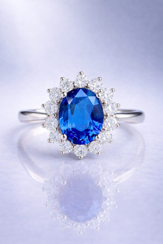 blue sapphire diamond halo white gold ring