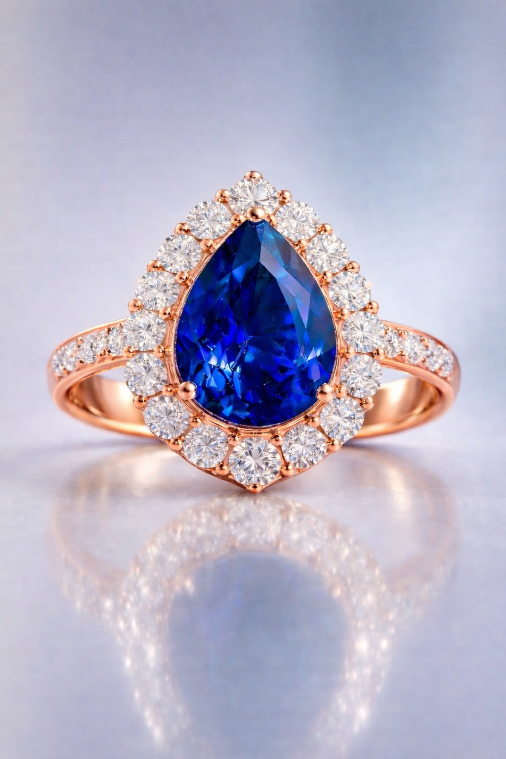 sapphire diamond ring featuring natural blue pear cut sapphire surrounded by brilliant diamond halo rose gold