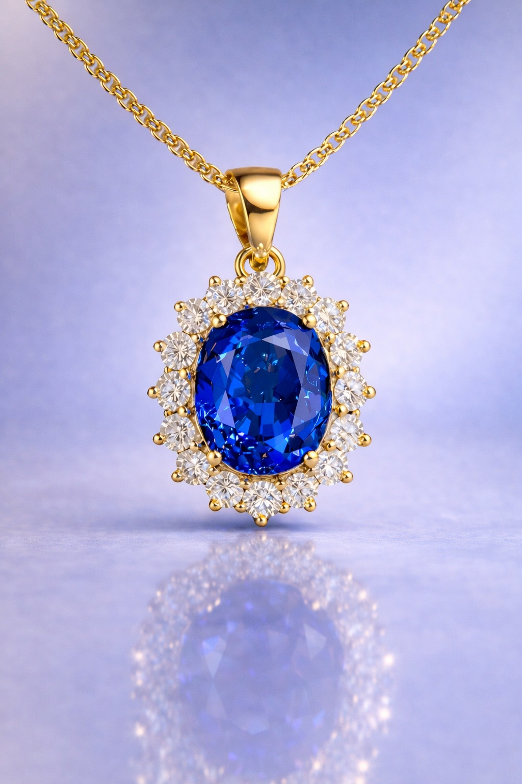 vivid blue sapphire halo diamond yellow gold pendant for necklace