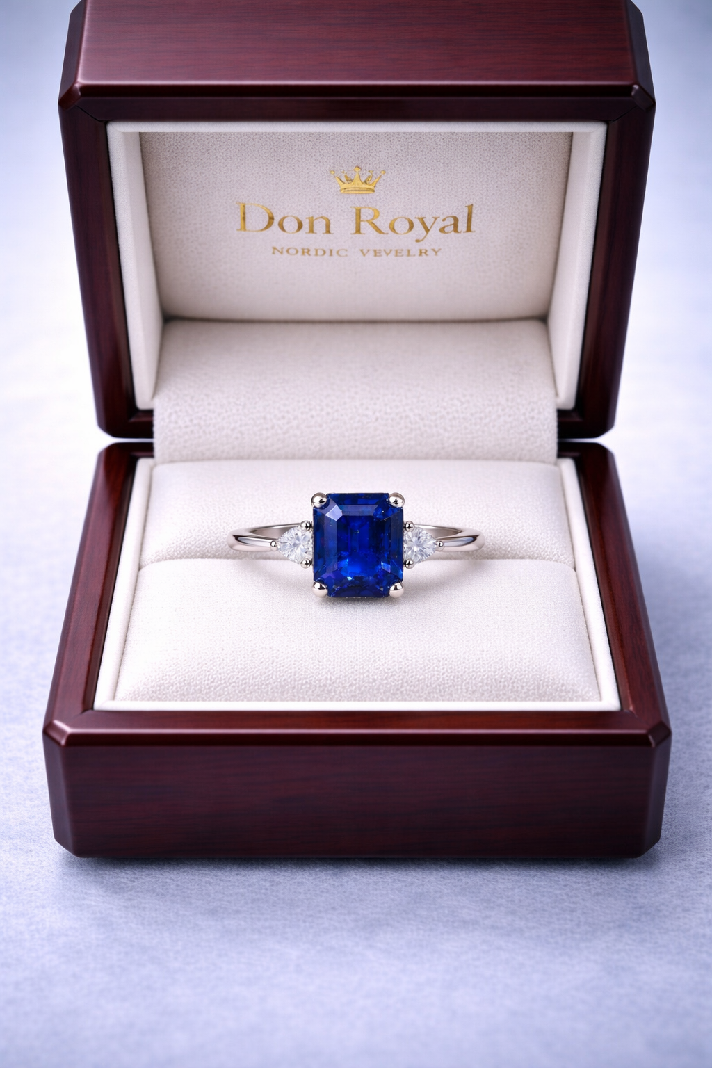 blue sapphire diamond gold ring in box