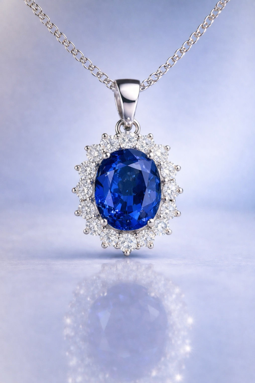 vivid blue sapphire halo diamond white gold pendant for necklace