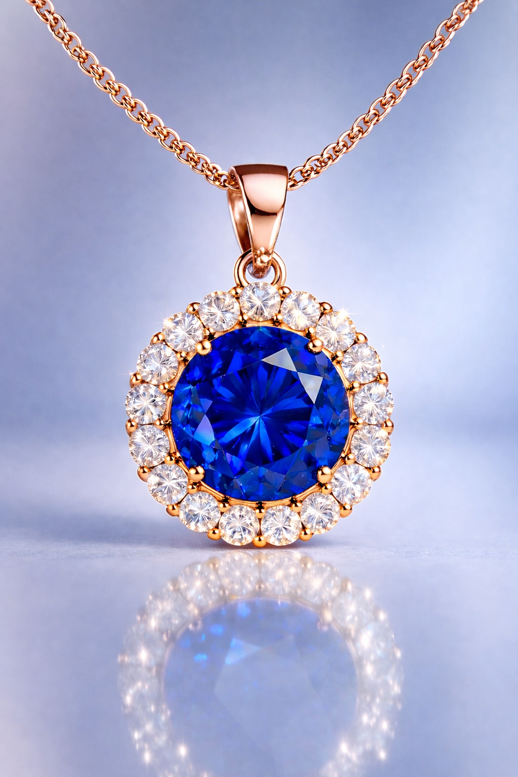 Blue sapphire diamond halo pendant featuring natural royal blue sapphire surrounded by brilliant diamonds set in rose gold