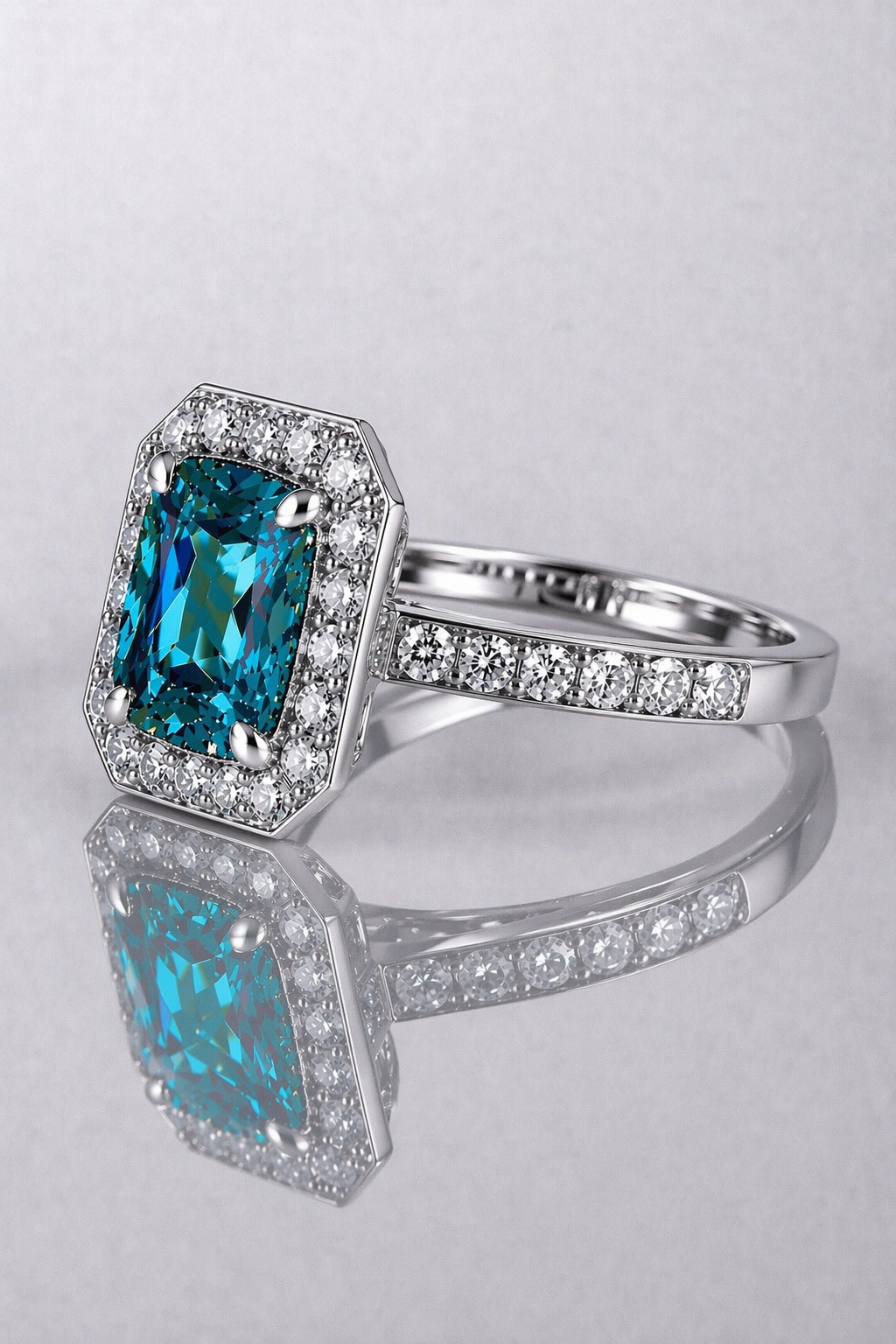 blue spinel diamond halo platinum ring