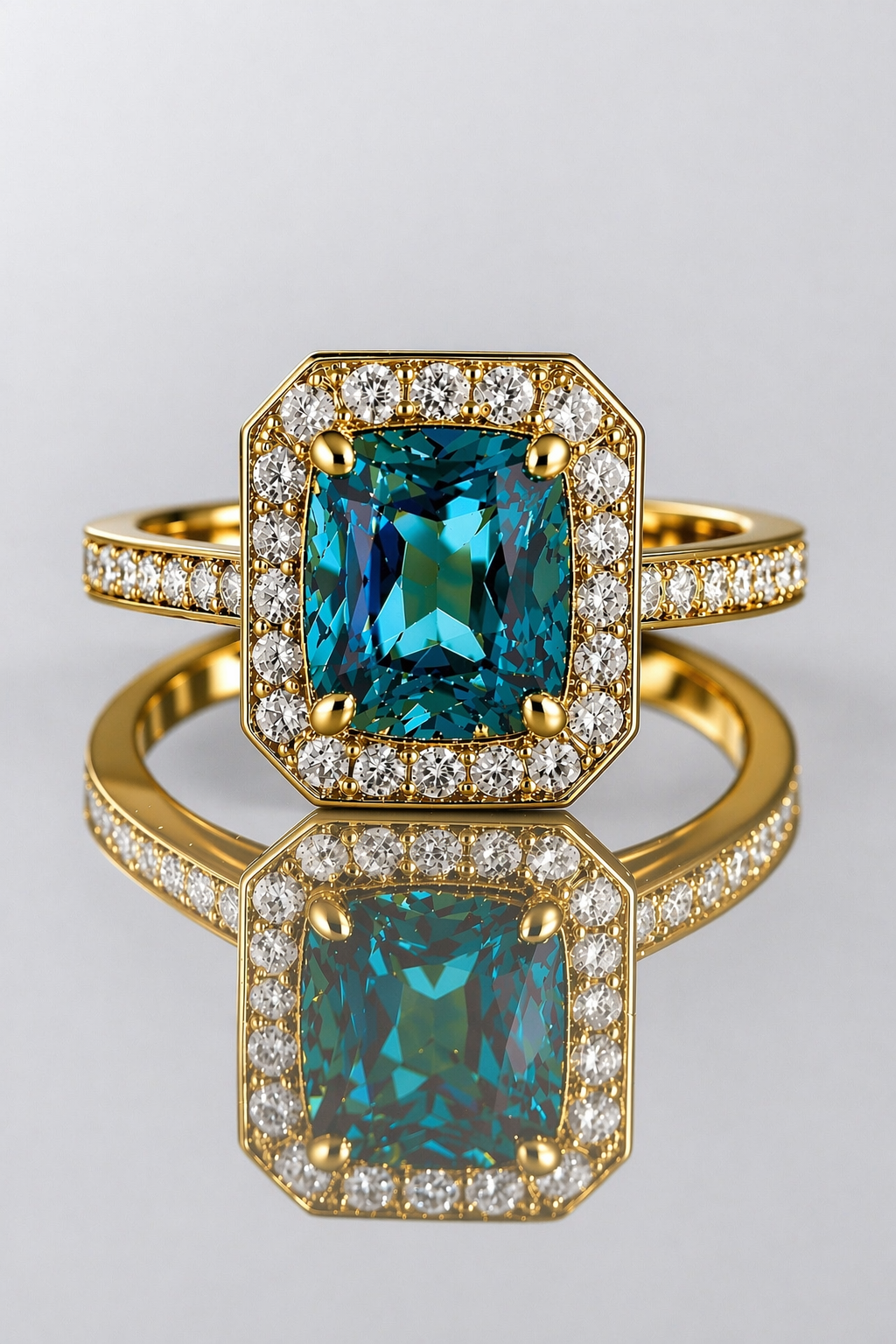 blue spinel diamond halo yellow gold ring