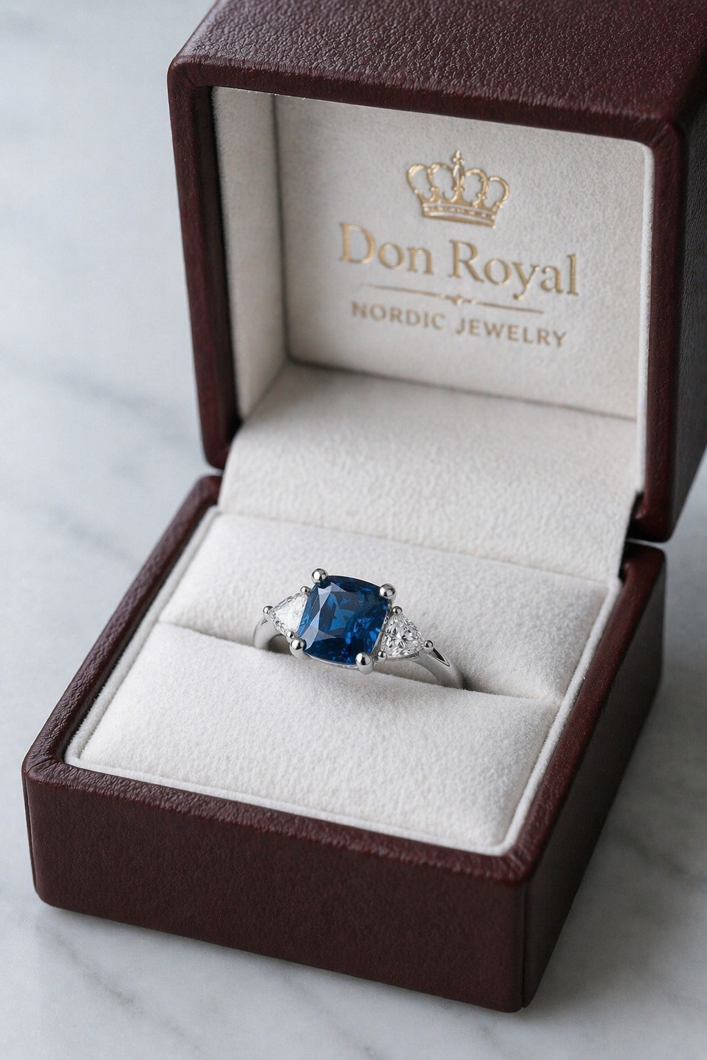 blue spinel diamond trilogy gold ring in box