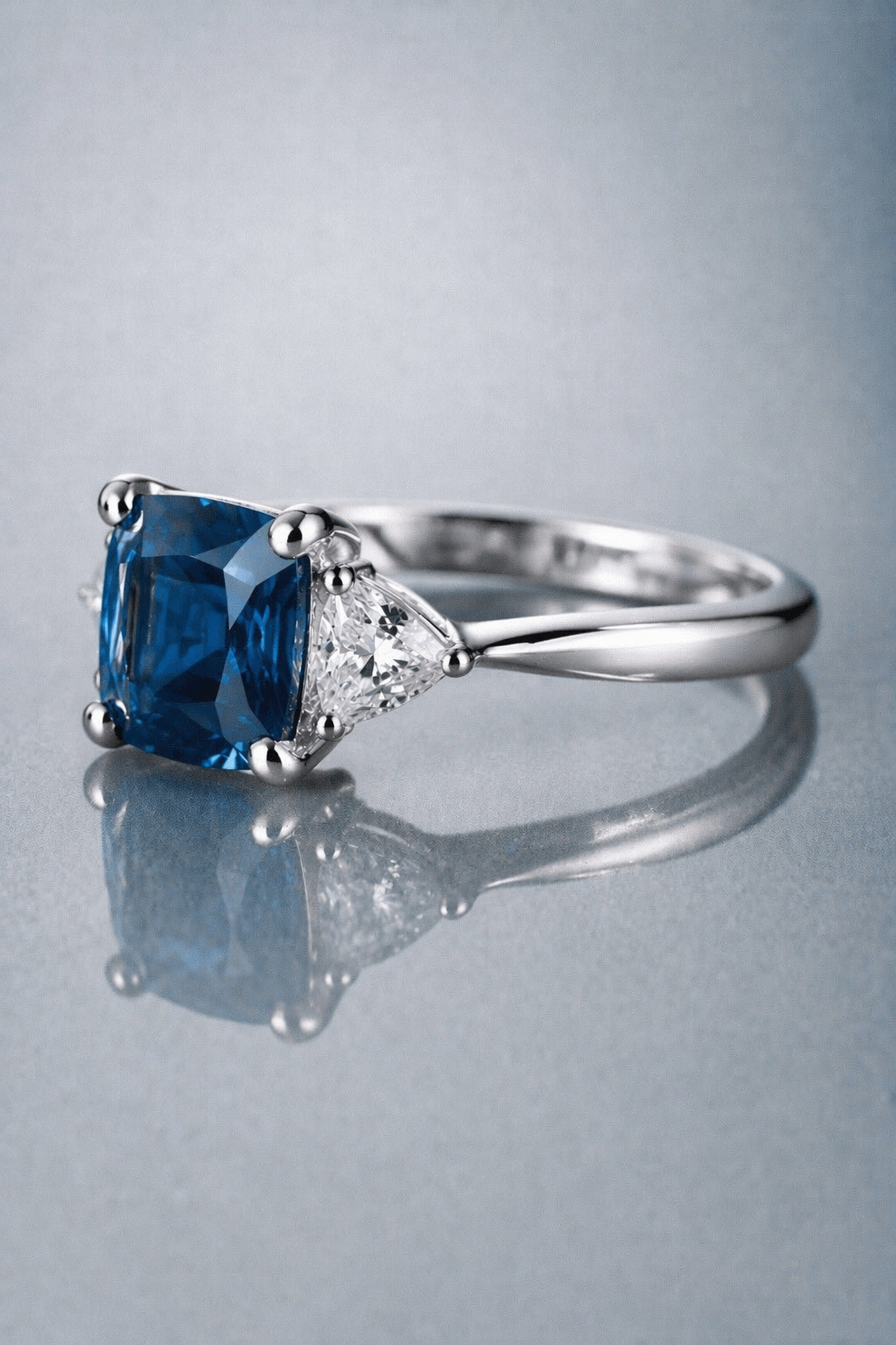 blue spinel diamond trilogy platinum ring