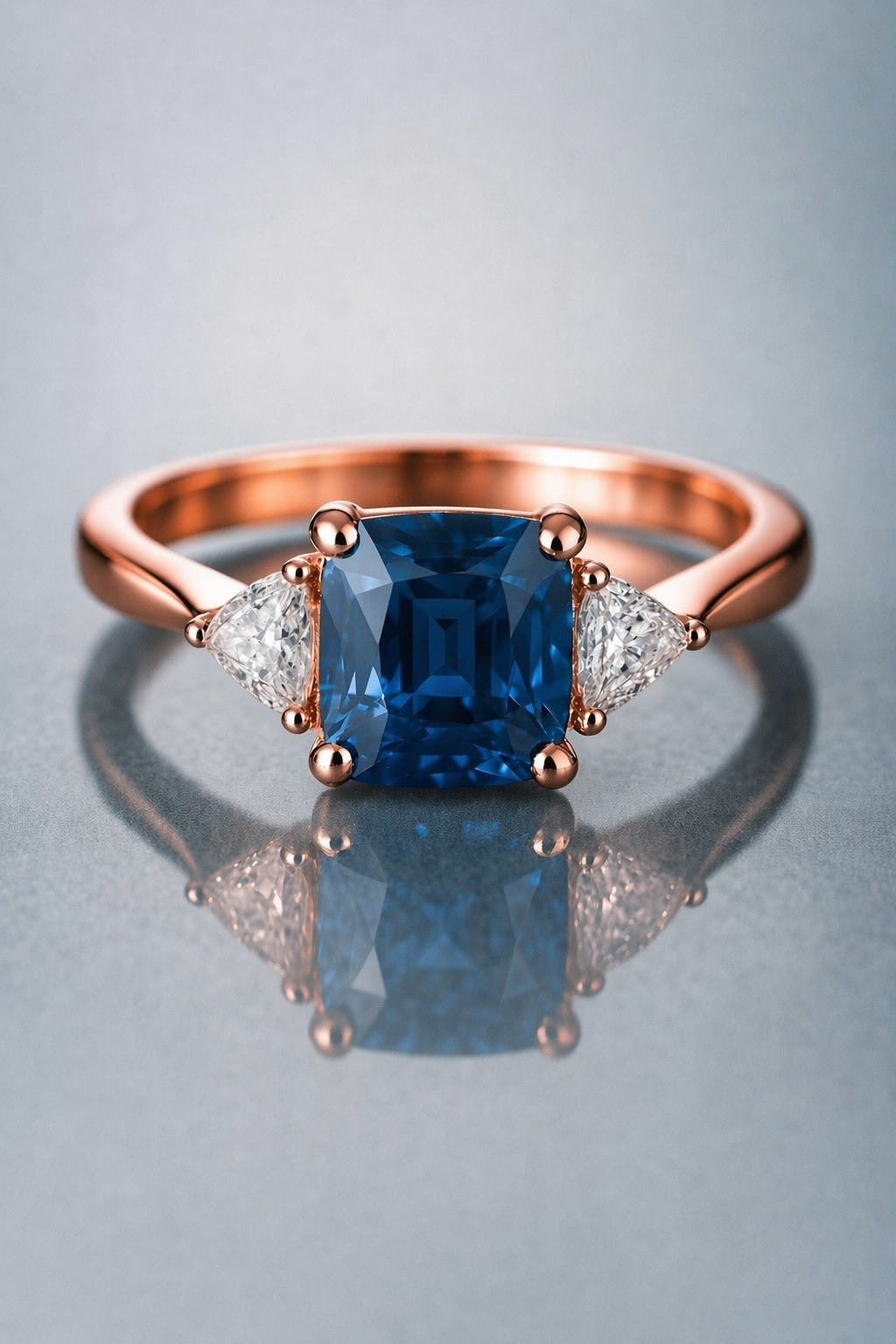 blue spinel diamond trilogy rose gold ring