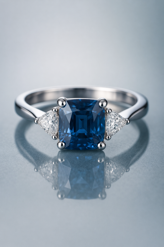 blue spinel diamond trilogy white gold ring